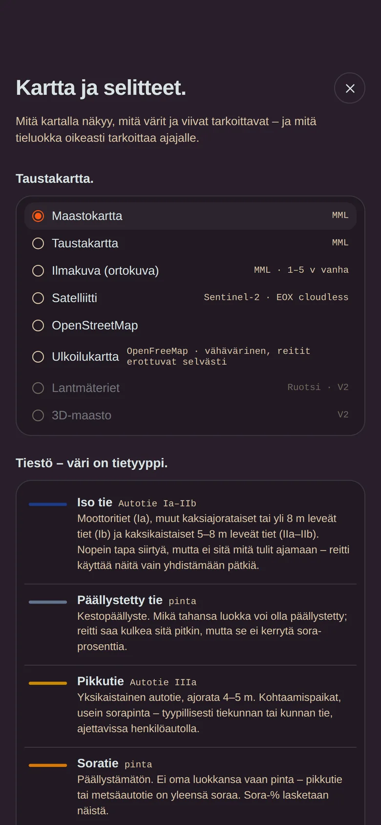 Kartta ja selitteet: taustakartat ja tietyyppien värit