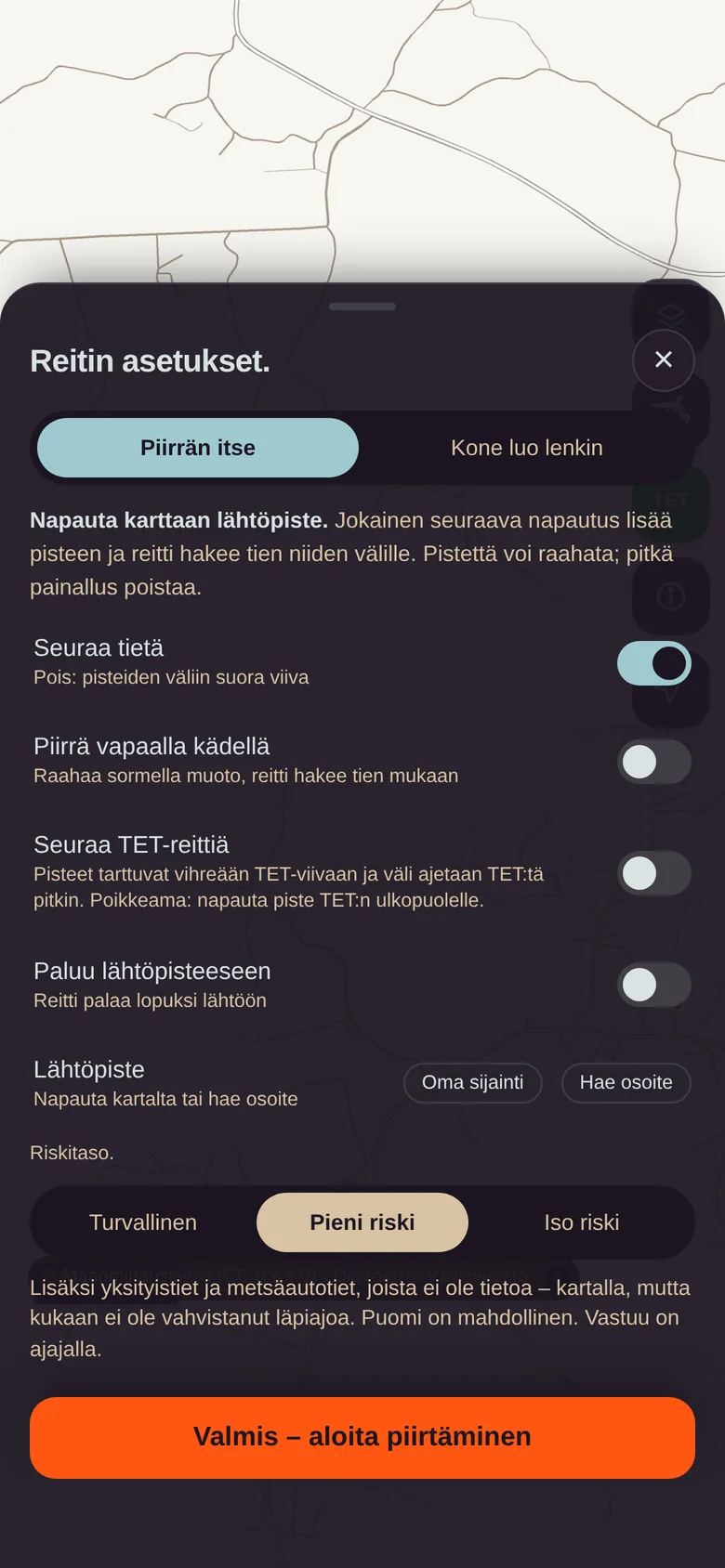 Reitin asetukset: Piirrän itse tai Kone luo lenkin, riskitaso, reitin luonne