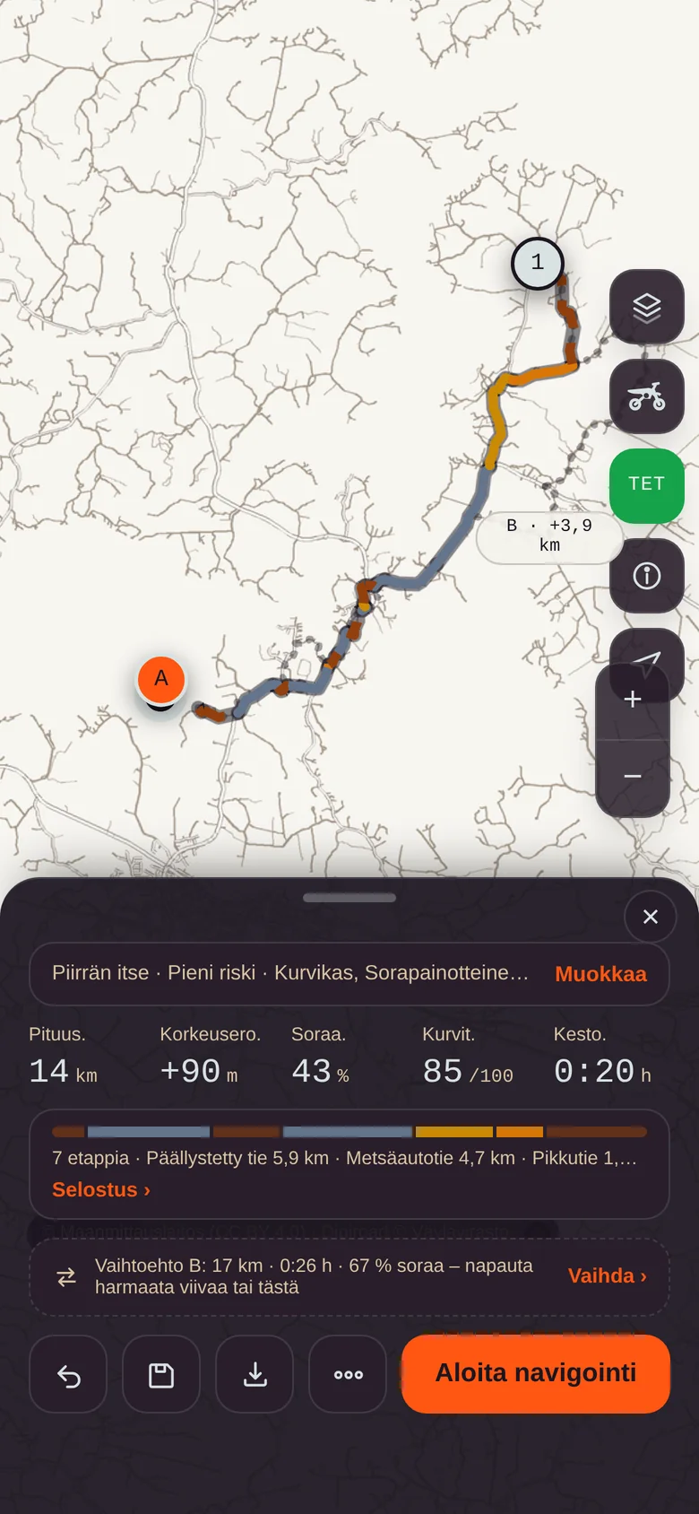 Rospuutton reittisuunnittelu: 14 km reitti Iitissä, etapit ja vaihtoehto B