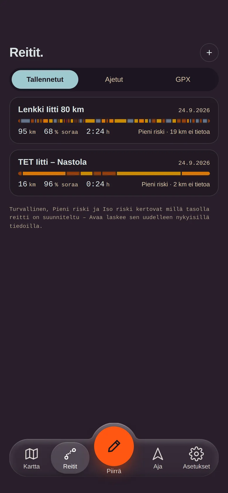 Reittikirjasto: tallennetut reitit etappipalkkeineen