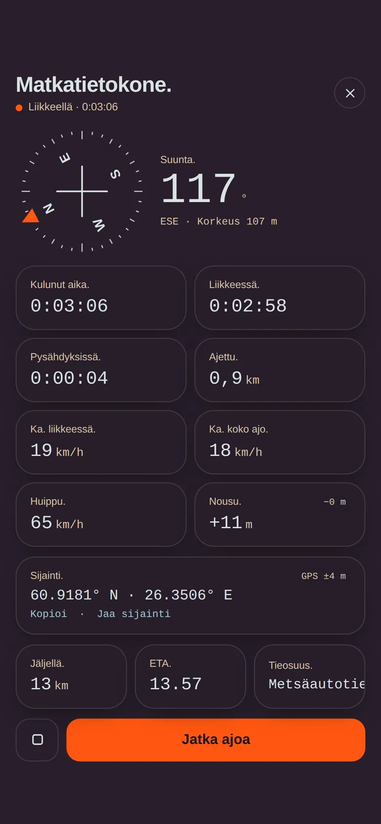Matkatietokone: kompassi, ajat, nopeudet, sijainti ja ETA